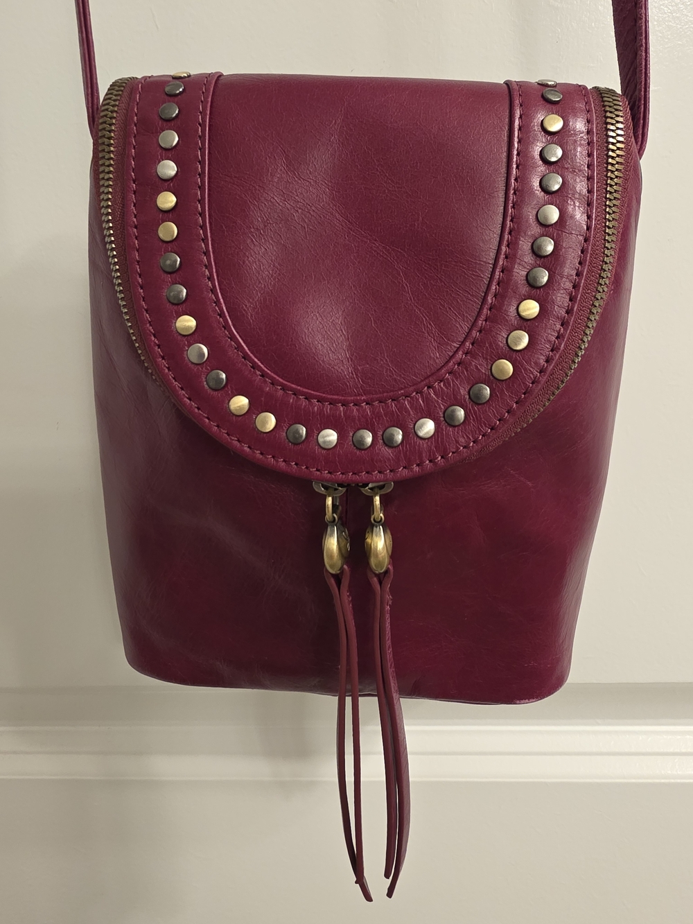 HOBO Studded Burgundy Crossbody with Mixed Metal Accents